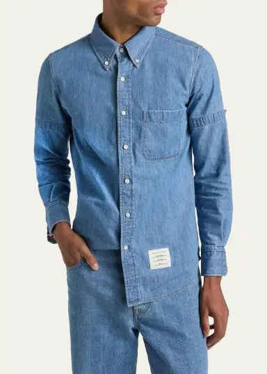 Thom Browne Men's Chambray Nametag Button-Down Shirt | Thumbnail 4 Thom Browne Men's Chambray Nametag Button-Down Shirt | Thumbnail 4