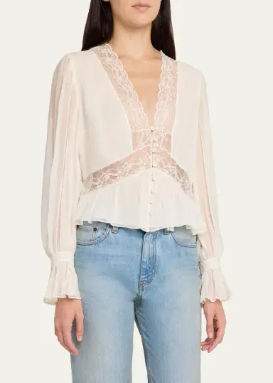 LoveShackFancy Thessira Lace-Trim Chiffon Blouse | Thumbnail 4 LoveShackFancy Thessira Lace-Trim Chiffon Blouse | Thumbnail 4