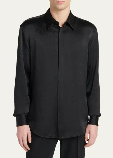 Giorgio Armani Men's Printed Silk Button-Front Shirt | Thumbnail 4 Giorgio Armani Men's Printed Silk Button-Front Shirt | Thumbnail 4