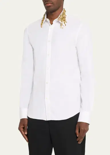 McQueen Men's Metal Leaves and Crystal-Embellished Collar Poplin Dress Shirt | Thumbnail 4 McQueen Men's Metal Leaves and Crystal-Embellished Collar Poplin Dress Shirt | Thumbnail 4