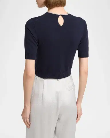 Giorgio Armani Crystal Crewneck Short-Sleeve Silk Knit Crop Shirt | Thumbnail 3 Giorgio Armani Crystal Crewneck Short-Sleeve Silk Knit Crop Shirt | Thumbnail 3