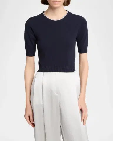 Giorgio Armani Crystal Crewneck Short-Sleeve Silk Knit Crop Shirt | Thumbnail 4 Giorgio Armani Crystal Crewneck Short-Sleeve Silk Knit Crop Shirt | Thumbnail 4