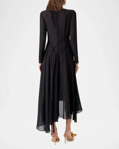 Akris Asymmetric Seamed Silk Georgette Long-Sleeve Midi Dress | Thumbnail 3 Akris Asymmetric Seamed Silk Georgette Long-Sleeve Midi Dress | Thumbnail 3