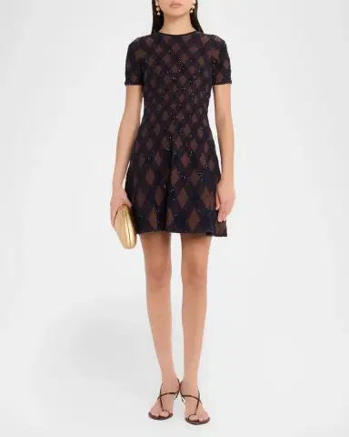 Oscar de la Renta Shimmering Argyle Knit Short-Sleeve Mini Dress | Thumbnail 2 Oscar de la Renta Shimmering Argyle Knit Short-Sleeve Mini Dress | Thumbnail 2