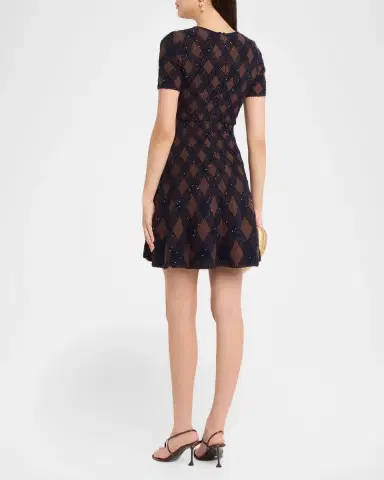 Oscar de la Renta Shimmering Argyle Knit Short-Sleeve Mini Dress | Thumbnail 3 Oscar de la Renta Shimmering Argyle Knit Short-Sleeve Mini Dress | Thumbnail 3