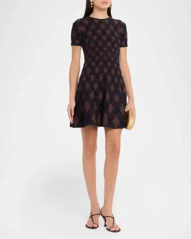 Oscar de la Renta Shimmering Argyle Knit Short-Sleeve Mini Dress | Thumbnail 4 Oscar de la Renta Shimmering Argyle Knit Short-Sleeve Mini Dress | Thumbnail 4