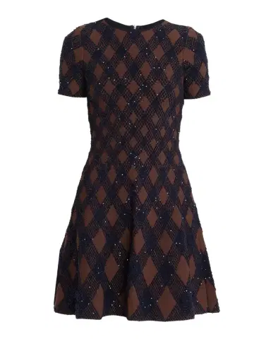 Oscar de la Renta Shimmering Argyle Knit Short-Sleeve Mini Dress | Thumbnail 1 Oscar de la Renta Shimmering Argyle Knit Short-Sleeve Mini Dress | Thumbnail 1