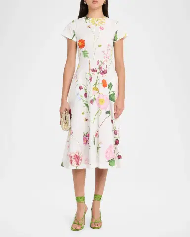 Oscar de la Renta Short-Sleeve Mixed Botanical Cotton Poplin Midi Day Dress | Thumbnail 2 Oscar de la Renta Short-Sleeve Mixed Botanical Cotton Poplin Midi Day Dress | Thumbnail 2