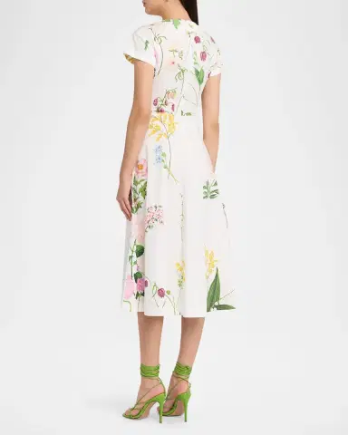 Oscar de la Renta Short-Sleeve Mixed Botanical Cotton Poplin Midi Day Dress | Thumbnail 3 Oscar de la Renta Short-Sleeve Mixed Botanical Cotton Poplin Midi Day Dress | Thumbnail 3