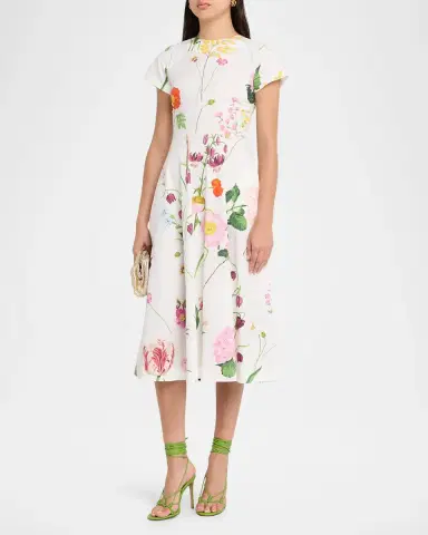 Oscar de la Renta Short-Sleeve Mixed Botanical Cotton Poplin Midi Day Dress | Thumbnail 4 Oscar de la Renta Short-Sleeve Mixed Botanical Cotton Poplin Midi Day Dress | Thumbnail 4