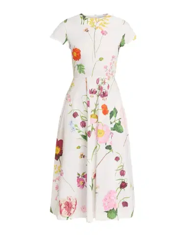 Oscar de la Renta Short-Sleeve Mixed Botanical Cotton Poplin Midi Day Dress | Thumbnail 1 Oscar de la Renta Short-Sleeve Mixed Botanical Cotton Poplin Midi Day Dress | Thumbnail 1