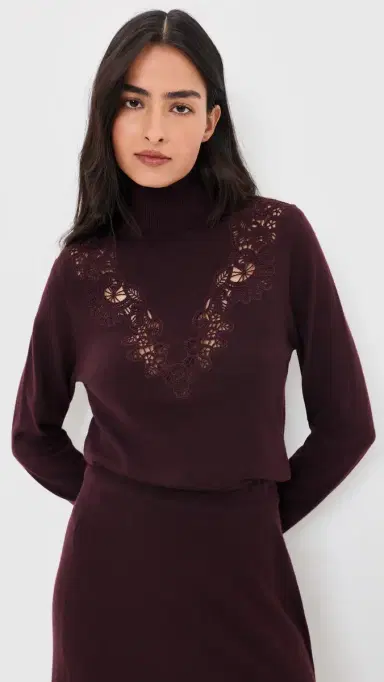 Zimmermann Valiant Merino Wool Lace Turtleneck Sweater Mahogany | Thumbnail 2 Zimmermann Valiant Merino Wool Lace Turtleneck Sweater Mahogany | Thumbnail 2