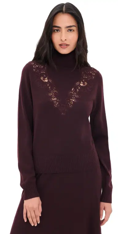 Zimmermann Valiant Merino Wool Lace Turtleneck Sweater Mahogany | Thumbnail 1 Zimmermann Valiant Merino Wool Lace Turtleneck Sweater Mahogany | Thumbnail 1