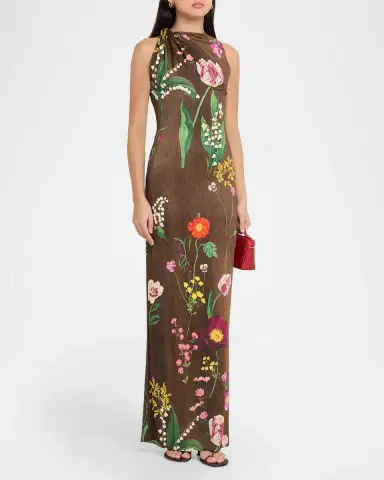 Oscar de la Renta Twisted Sleeveless Mixed Botanical Jersey Column Gown | Thumbnail 4 Oscar de la Renta Twisted Sleeveless Mixed Botanical Jersey Column Gown | Thumbnail 4