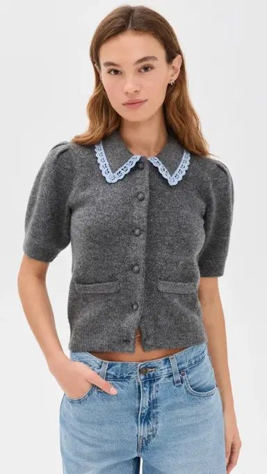 English Factory ace Trimmed Puff Sleeve Knit Cardigan Heather Grey | Thumbnail 2 English Factory ace Trimmed Puff Sleeve Knit Cardigan Heather Grey | Thumbnail 2
