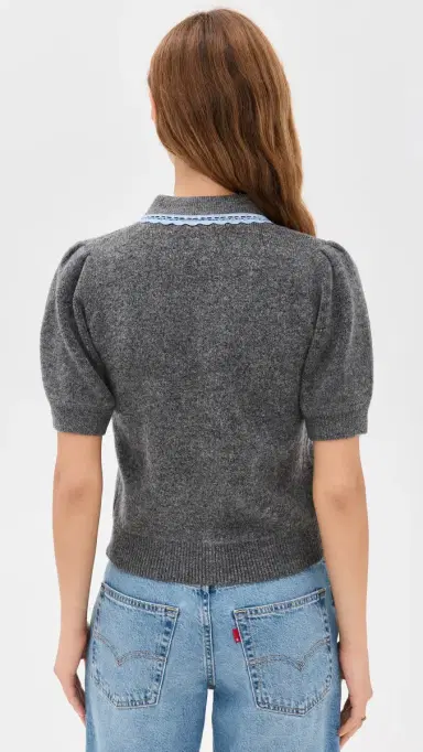 English Factory ace Trimmed Puff Sleeve Knit Cardigan Heather Grey | Thumbnail 3 English Factory ace Trimmed Puff Sleeve Knit Cardigan Heather Grey | Thumbnail 3