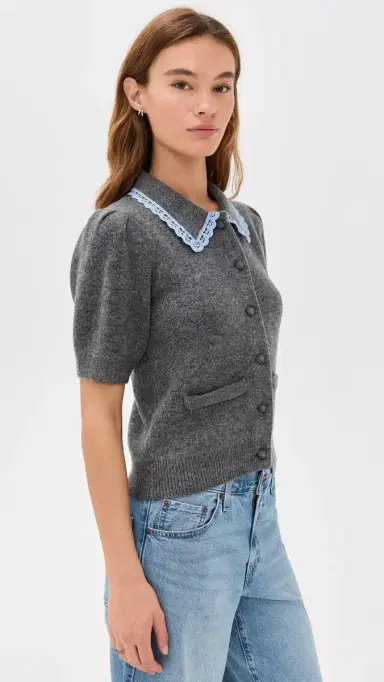 English Factory ace Trimmed Puff Sleeve Knit Cardigan Heather Grey | Thumbnail 4 English Factory ace Trimmed Puff Sleeve Knit Cardigan Heather Grey | Thumbnail 4