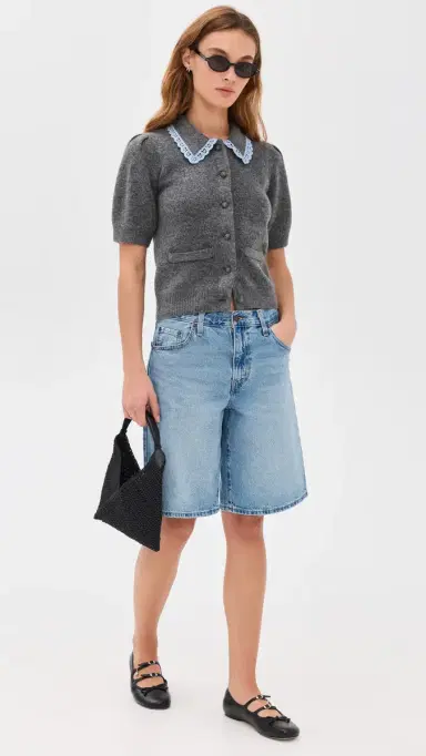 English Factory ace Trimmed Puff Sleeve Knit Cardigan Heather Grey | Thumbnail 5 English Factory ace Trimmed Puff Sleeve Knit Cardigan Heather Grey | Thumbnail 5