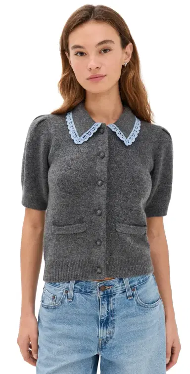 English Factory ace Trimmed Puff Sleeve Knit Cardigan Heather Grey | Thumbnail 1 English Factory ace Trimmed Puff Sleeve Knit Cardigan Heather Grey | Thumbnail 1