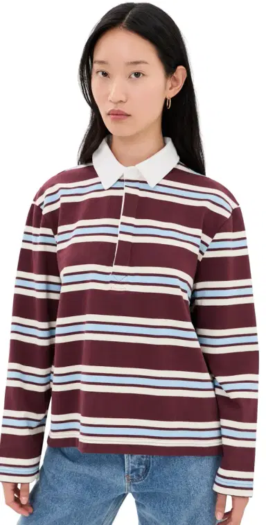 Joe's Jeans The Dylan Oversized Rugby Shirt Oxblood/ky Rugby tripe | Thumbnail 1 Joe's Jeans The Dylan Oversized Rugby Shirt Oxblood/ky Rugby tripe | Thumbnail 1