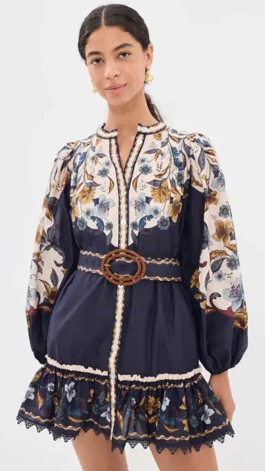 Farm Rio Belted Pattern Mini Dress Golden Nature Navy Blue | Thumbnail 2 Farm Rio Belted Pattern Mini Dress Golden Nature Navy Blue | Thumbnail 2