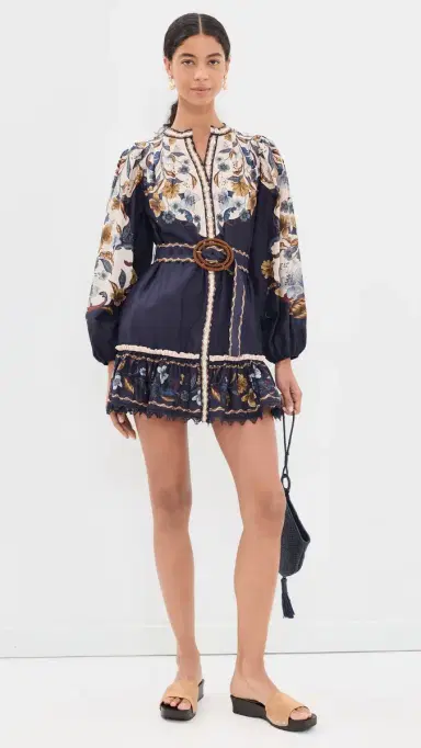 Farm Rio Belted Pattern Mini Dress Golden Nature Navy Blue | Thumbnail 5 Farm Rio Belted Pattern Mini Dress Golden Nature Navy Blue | Thumbnail 5