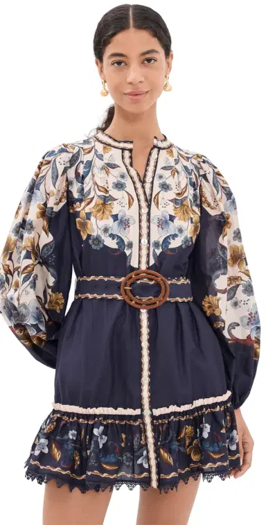Farm Rio Belted Pattern Mini Dress Golden Nature Navy Blue | Thumbnail 1 Farm Rio Belted Pattern Mini Dress Golden Nature Navy Blue | Thumbnail 1