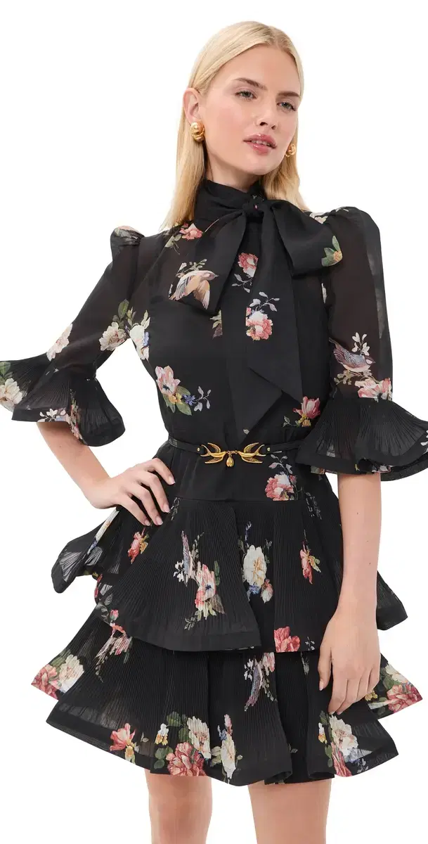 Pleated Sleeved Mini Dress Black Bird Print Pleated Sleeved Mini Dress Black Bird Print