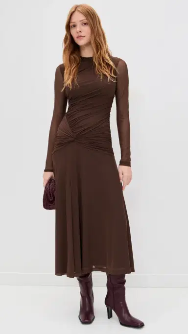 Wayf Selene Ruched Long Sleeve Dress Chocolate | Thumbnail 2 Wayf Selene Ruched Long Sleeve Dress Chocolate | Thumbnail 2