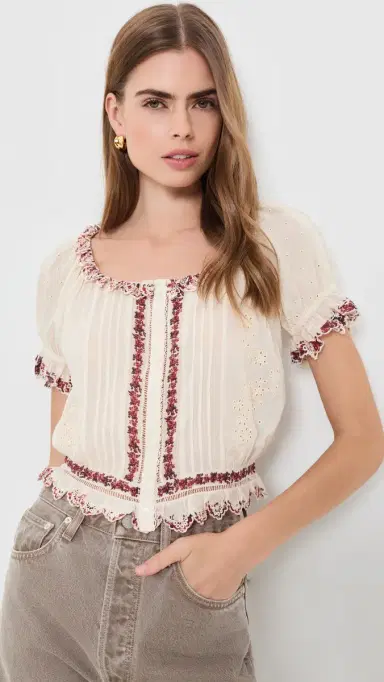 Alice + Olivia Mclaine Embr Puff Sleeve Cropped Blouse Orchard Glow | Thumbnail 2 Alice + Olivia Mclaine Embr Puff Sleeve Cropped Blouse Orchard Glow | Thumbnail 2
