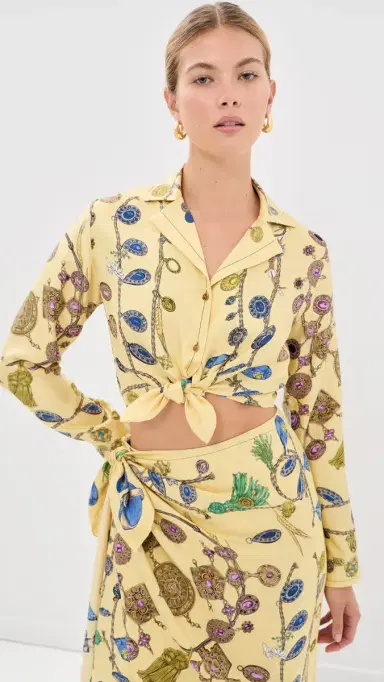 Versace Printed Crop Silk Twill Shirt Burro/Azur/Gold | Thumbnail 2 Versace Printed Crop Silk Twill Shirt Burro/Azur/Gold | Thumbnail 2