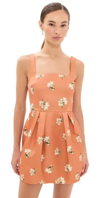 Leo Lin Piper Bell Shape Mini Dress Lily Print in Ochre | Thumbnail 1 Leo Lin Piper Bell Shape Mini Dress Lily Print in Ochre | Thumbnail 1