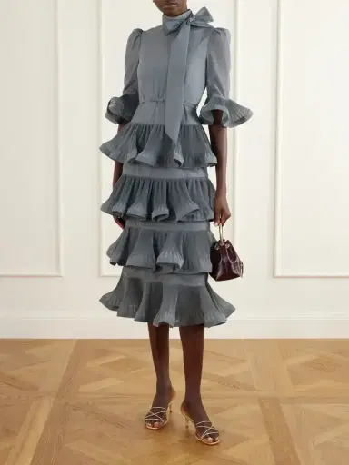 Zimmermann Pussy-bow Ruched Tiered Plissè Organza Midi Dress | Thumbnail 2 Zimmermann Pussy-bow Ruched Tiered Plissè Organza Midi Dress | Thumbnail 2