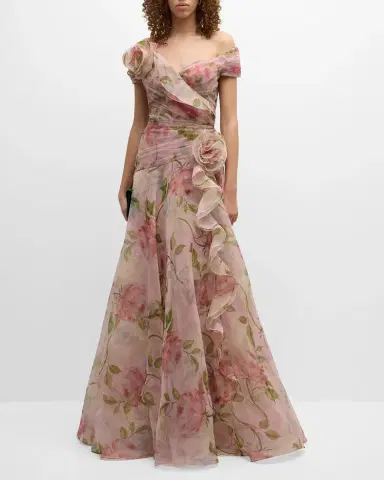 Rickie Freeman for Teri Jon Pleated Off-Shoulder Floral-Print Organza Gown | Thumbnail 2 Rickie Freeman for Teri Jon Pleated Off-Shoulder Floral-Print Organza Gown | Thumbnail 2