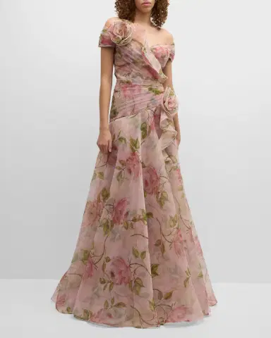 Rickie Freeman for Teri Jon Pleated Off-Shoulder Floral-Print Organza Gown | Thumbnail 3 Rickie Freeman for Teri Jon Pleated Off-Shoulder Floral-Print Organza Gown | Thumbnail 3