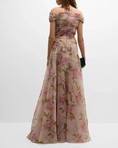 Rickie Freeman for Teri Jon Pleated Off-Shoulder Floral-Print Organza Gown | Thumbnail 4 Rickie Freeman for Teri Jon Pleated Off-Shoulder Floral-Print Organza Gown | Thumbnail 4