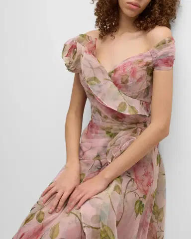 Rickie Freeman for Teri Jon Pleated Off-Shoulder Floral-Print Organza Gown | Thumbnail 7 Rickie Freeman for Teri Jon Pleated Off-Shoulder Floral-Print Organza Gown | Thumbnail 7