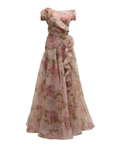 Rickie Freeman for Teri Jon Pleated Off-Shoulder Floral-Print Organza Gown | Thumbnail 1 Rickie Freeman for Teri Jon Pleated Off-Shoulder Floral-Print Organza Gown | Thumbnail 1