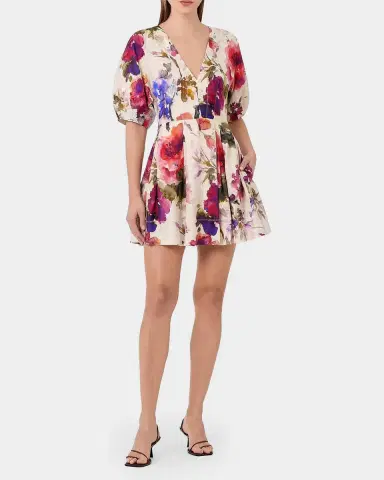 NICHOLAS Josefa Pleated Puff-Sleeve Linen Mini Dress | Thumbnail 2 NICHOLAS Josefa Pleated Puff-Sleeve Linen Mini Dress | Thumbnail 2