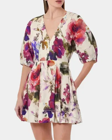 NICHOLAS Josefa Pleated Puff-Sleeve Linen Mini Dress | Thumbnail 4 NICHOLAS Josefa Pleated Puff-Sleeve Linen Mini Dress | Thumbnail 4