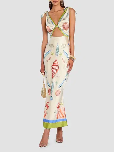 Retrofête Women's Carlotte Seashell-Print Silk Satin Midi Dress - Lacqua Marine | Thumbnail 2 Retrofête Women's Carlotte Seashell-Print Silk Satin Midi Dress - Lacqua Marine | Thumbnail 2