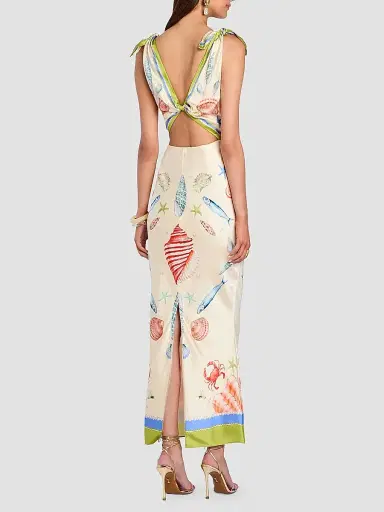 Retrofête Women's Carlotte Seashell-Print Silk Satin Midi Dress - Lacqua Marine | Thumbnail 3 Retrofête Women's Carlotte Seashell-Print Silk Satin Midi Dress - Lacqua Marine | Thumbnail 3
