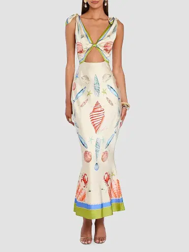 Retrofête Women's Carlotte Seashell-Print Silk Satin Midi Dress - Lacqua Marine | Thumbnail 4 Retrofête Women's Carlotte Seashell-Print Silk Satin Midi Dress - Lacqua Marine | Thumbnail 4