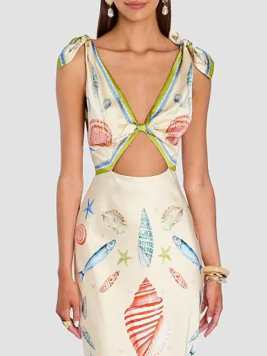 Retrofête Women's Carlotte Seashell-Print Silk Satin Midi Dress - Lacqua Marine | Thumbnail 5 Retrofête Women's Carlotte Seashell-Print Silk Satin Midi Dress - Lacqua Marine | Thumbnail 5