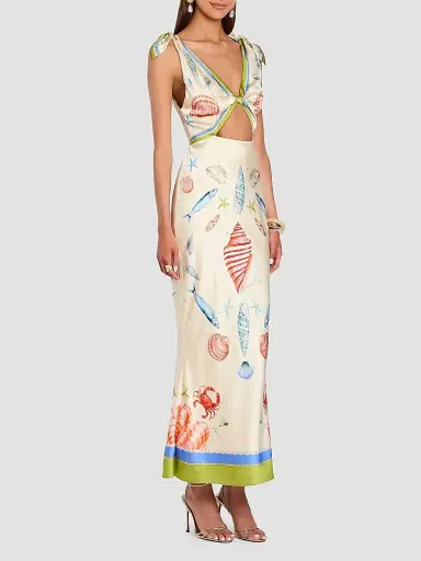 Retrofête Women's Carlotte Seashell-Print Silk Satin Midi Dress - Lacqua Marine | Thumbnail 7 Retrofête Women's Carlotte Seashell-Print Silk Satin Midi Dress - Lacqua Marine | Thumbnail 7