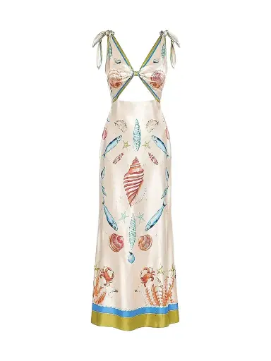Retrofête Women's Carlotte Seashell-Print Silk Satin Midi Dress - Lacqua Marine | Thumbnail 1 Retrofête Women's Carlotte Seashell-Print Silk Satin Midi Dress - Lacqua Marine | Thumbnail 1