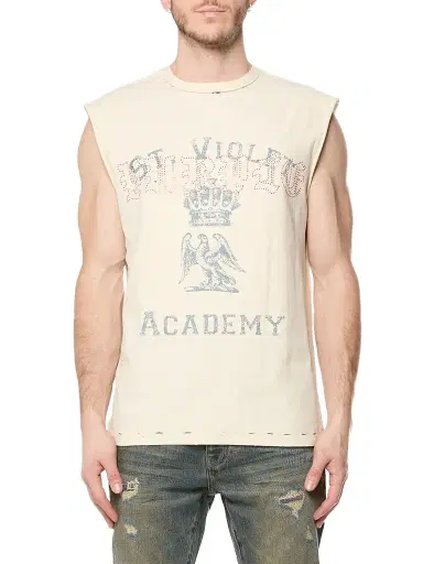 Purple Brand Men's Embellished Graphic Sleeveless Cotton T-Shirt - Off White | Thumbnail 1 Purple Brand Men's Embellished Graphic Sleeveless Cotton T-Shirt - Off White | Thumbnail 1