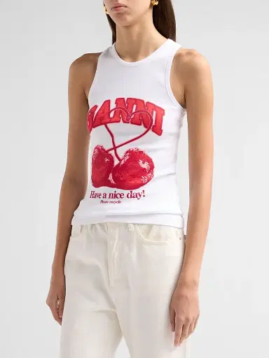 Ganni Women's Compact Rib Jersey Cherry Tank Top - Bright White | Thumbnail 4 Ganni Women's Compact Rib Jersey Cherry Tank Top - Bright White | Thumbnail 4