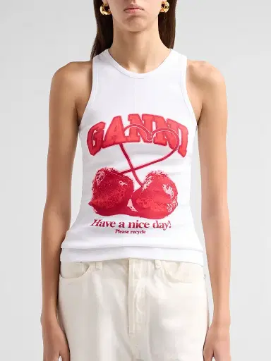 Ganni Women's Compact Rib Jersey Cherry Tank Top - Bright White | Thumbnail 5 Ganni Women's Compact Rib Jersey Cherry Tank Top - Bright White | Thumbnail 5