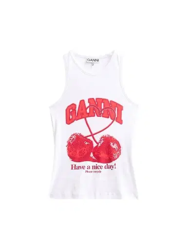 Ganni Women's Compact Rib Jersey Cherry Tank Top - Bright White | Thumbnail 1 Ganni Women's Compact Rib Jersey Cherry Tank Top - Bright White | Thumbnail 1